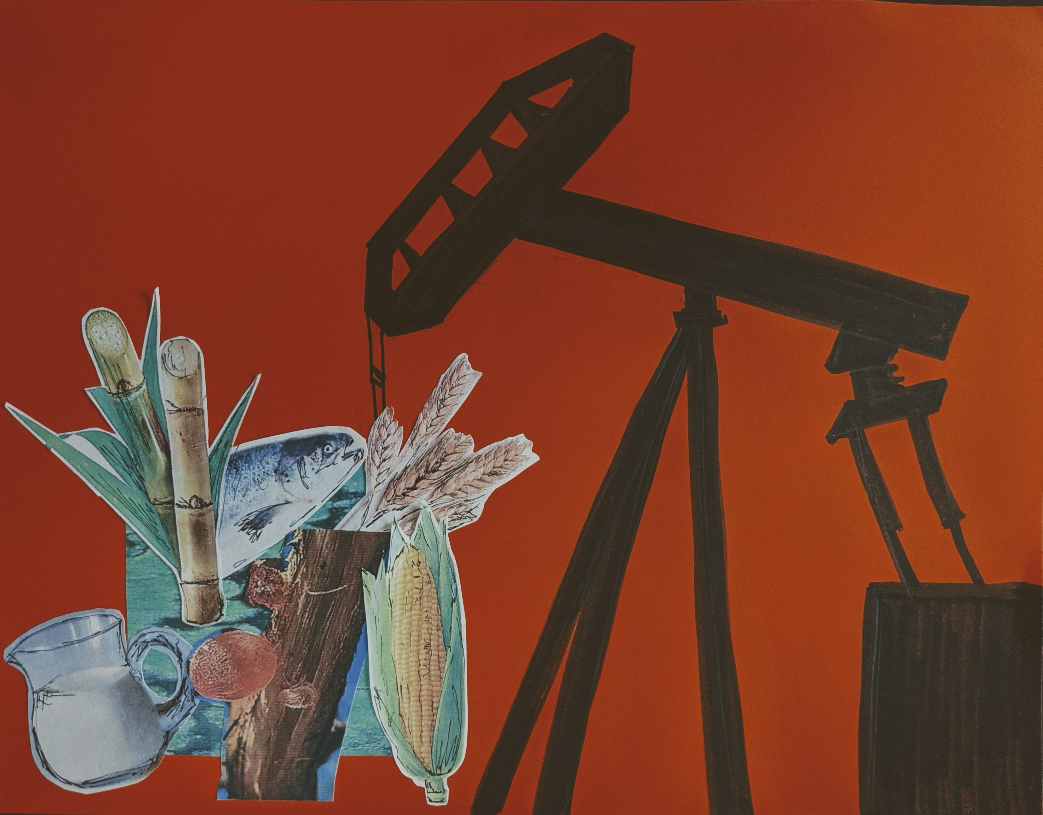 An oil rig digs into corn, fish, bamboo, and other sustainable resources.